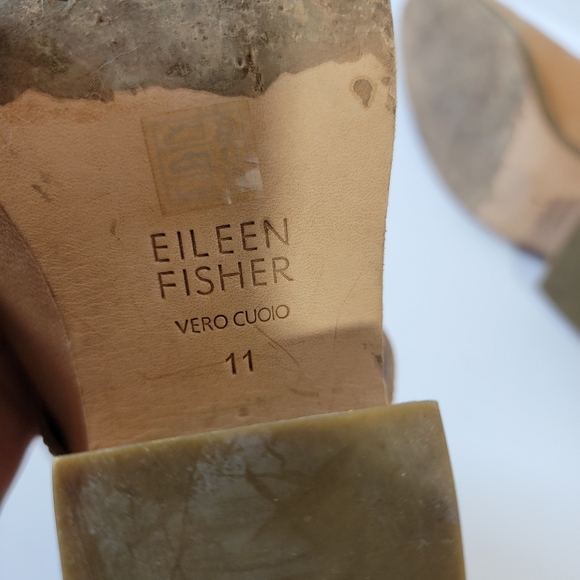 EILEEN FISHER Tan Leather Back Zip Bootie Sz 11 Chunky Block Heel Fall Academia - Picture 8 of 12